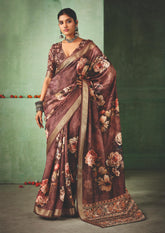Coffee Brown Tussar Silk Floral Print Saree-4467